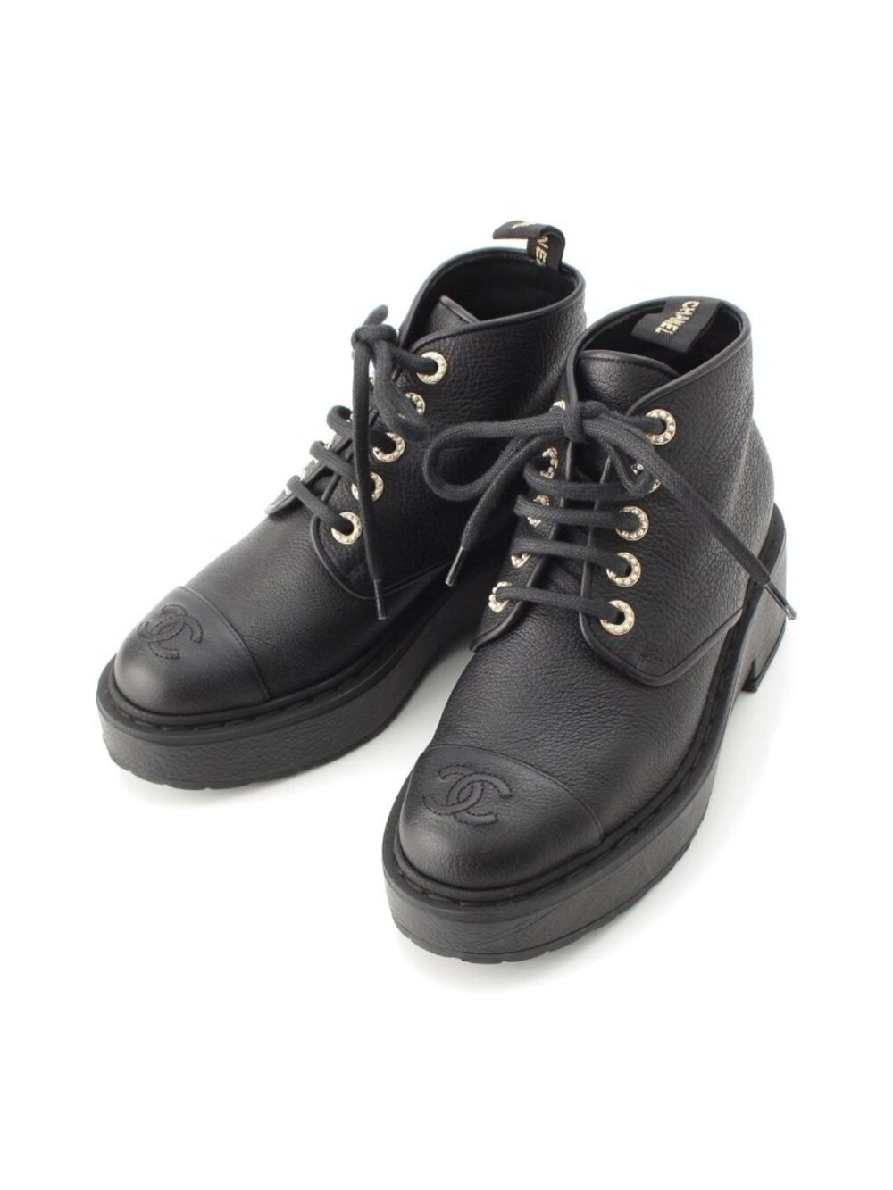 Chanel 20B Leather Pearl Decoration CC Logo Lace-up Short Boots Ankle Black
